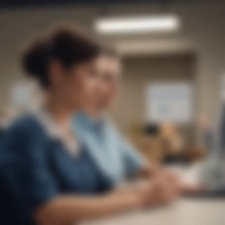 A close-up of a bank teller assisting a customer at a counter