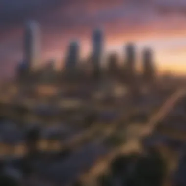 Dallas skyline at dusk with apartment buildings