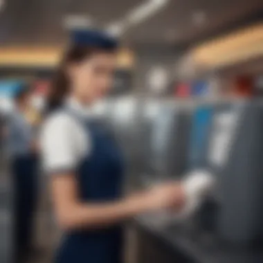 Air hostess checking boarding passes at airline gate