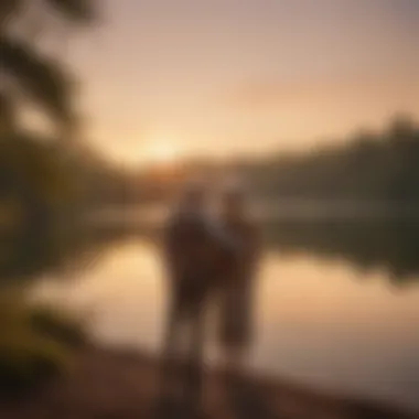 Elderly couple enjoying a peaceful sunset by a tranquil lake