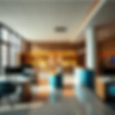 An interior shot of a modern bank branch showcasing customer service areas.