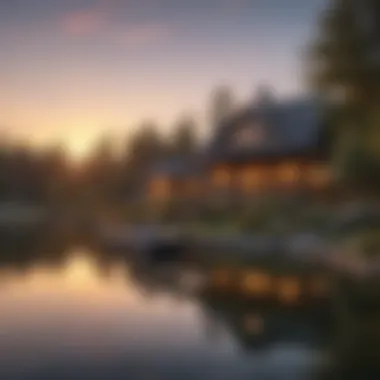 Scenic view of a serene lakeside senior community at sunset