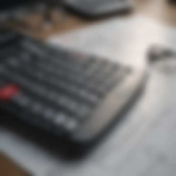 A close-up of a calculator with financial spreadsheets in the background