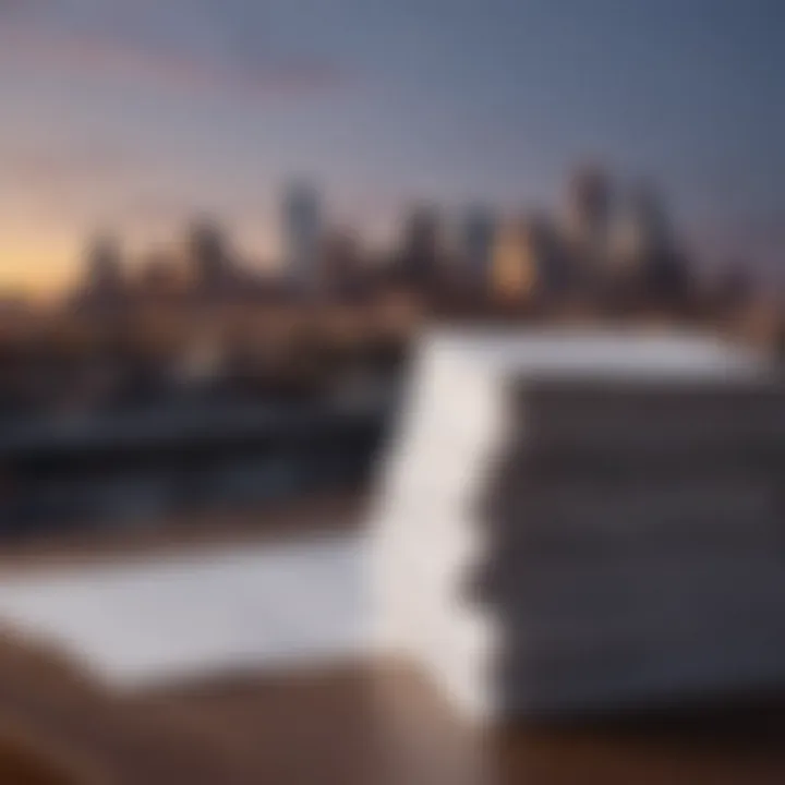 Legal documents stack with Kansas City skyline in background