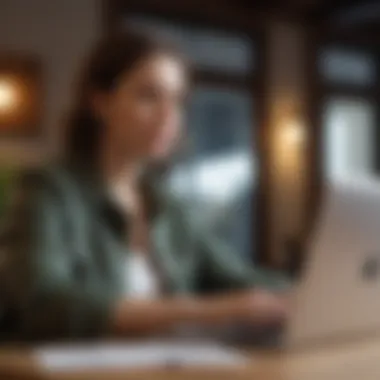 A thoughtful individual reviewing mortgage options on a laptop, representing informed decision-making in refinancing