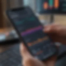 A mobile device displaying a stock portfolio management app with graphs and analytics.