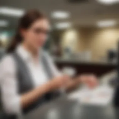 An illustration of a bank teller at a counter.