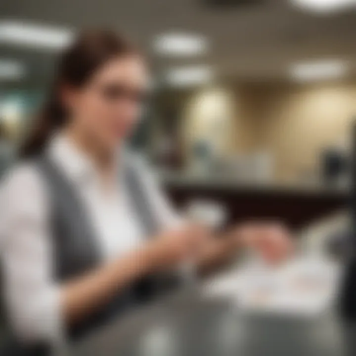 An illustration of a bank teller at a counter.